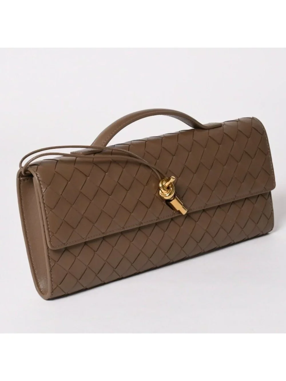 Bottega Veneta Andiamo Clutch Metal Knot Closure Brown Bifold Intrecciato Gold